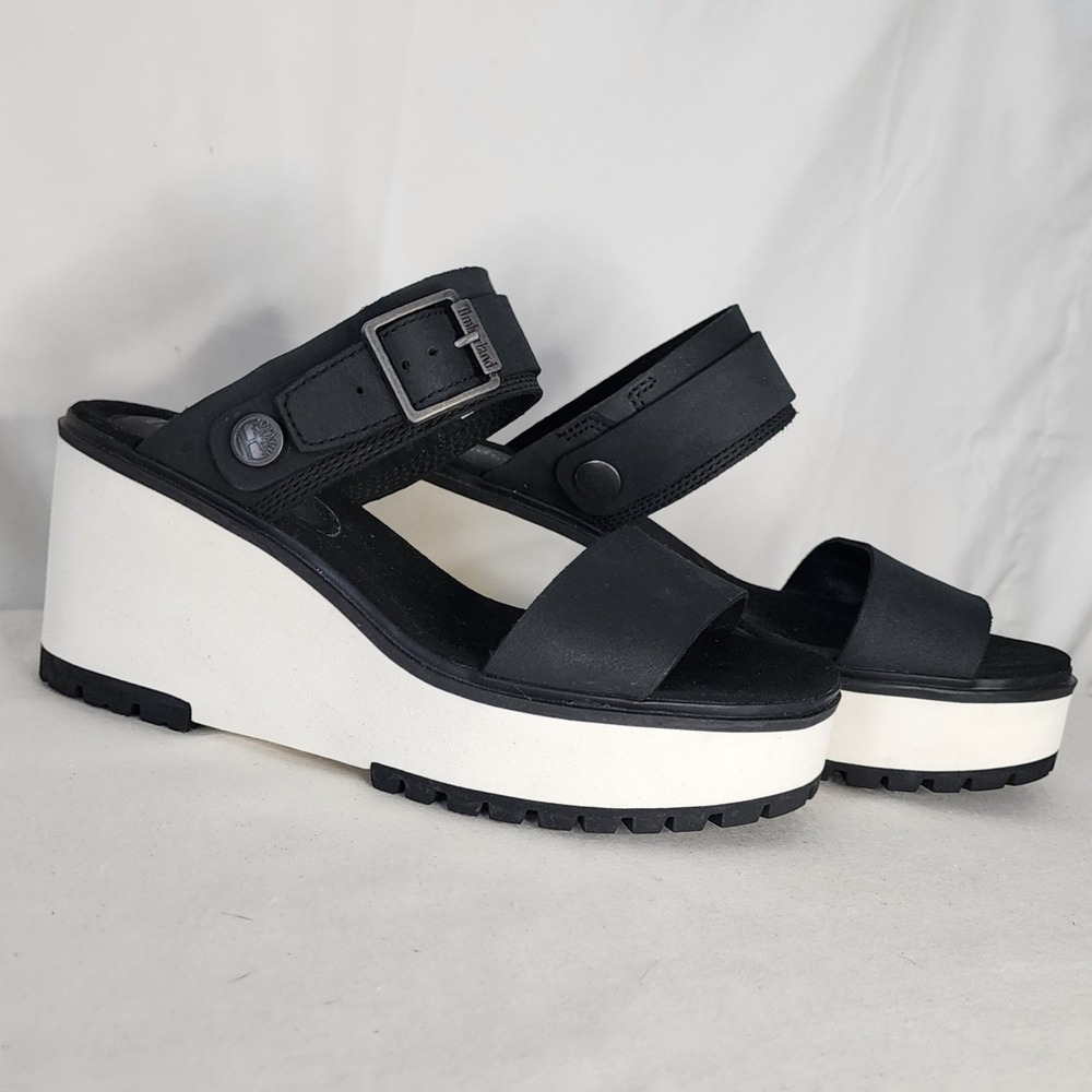 Timberland Wedge Sandals Black White Platform Slide Womens 7